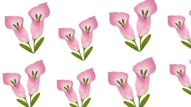 Blooming flower pattern animation, calla lily floral background, beautiful and environmentally friendly botanical design, suitable for wedding invitations. Animated in 4K.