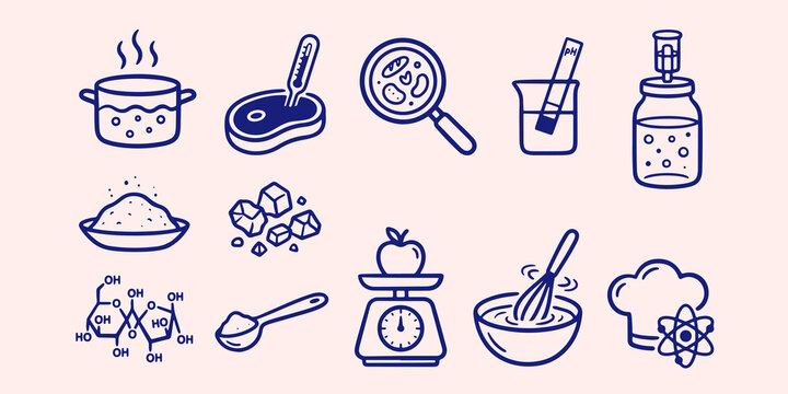 Food chemistry and culinary laboratory hand drawn icon set with chemistry culinary laboratory experiment molecule thermometer analysis research handdrawn illustration nutrition ingredients
