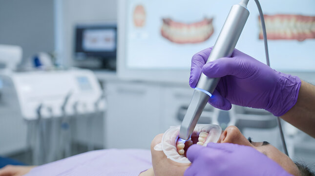 Professional dentist using modern intraoral scanner on patient teeth.