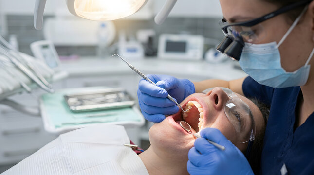 Professional female dentist examining patient teeth in a modern dental clinic using magnifying loupes and sterile tools.