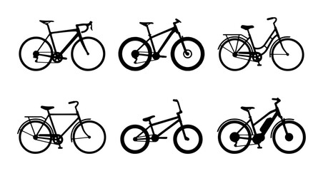 Fototapeta premium 70 Diverse Bicycle Collection Vector Icons: Road, Mountain, City, Electric, Tandem Bikes for Transport and Sport Graphics 100