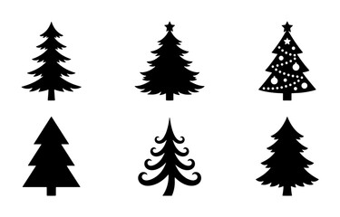Obraz premium 70 Six Black Silhouette Christmas Tree Icons, Festive Evergreen Vector Graphics, Winter Holiday Celebration Symbols, Seasonal Decoration Elements 100