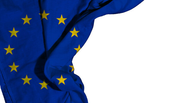 European union flag with golden stars on blue fabric isolated on transparent background.