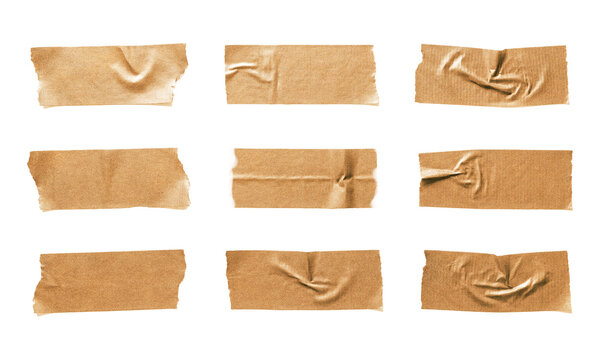 Set of nine brown packing tape strips isolated on white background, realistic torn adhesive tape pieces with wrinkles and creases, craft paper texture mockup