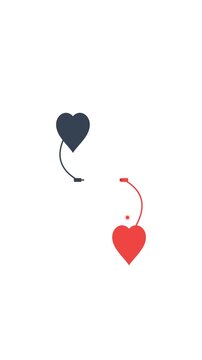 Two animated hearts connect via curved lines on a white background in a minimalist motion graphics style representing digital love.