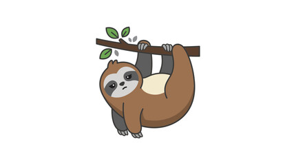Obraz premium A cute cartoon sloth hanging from a tree branch on a white background