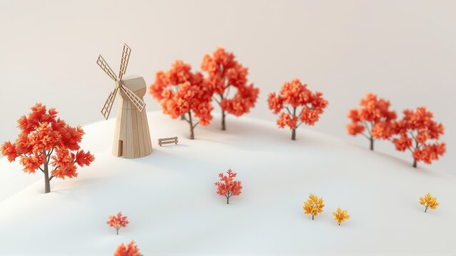Minimalist landscape. Windmill, trees, bench present. Soft colors, simple shapes, clean aesthetic. Peaceful scene.