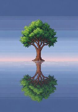 Beautiful pixel art illustration of a single tree reflected in calm water at sunset scenery