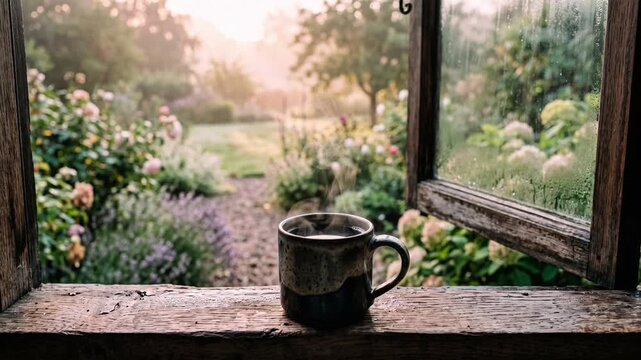 Cozy ceramic mug of hot coffee on rustic wooden windowsill facing sunny garden