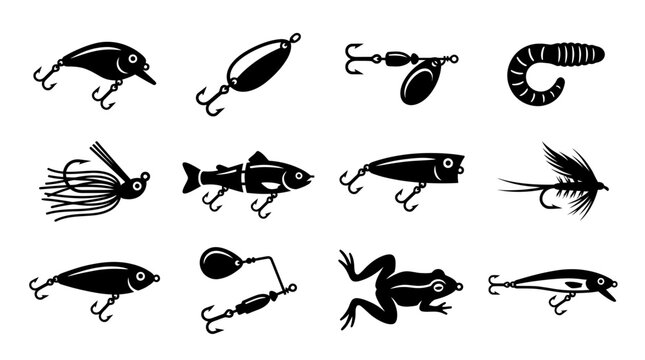 Set of black silhouette fishing lure and bait icons featuring various tackle designs on white background, ideal for angling equipment catalogs, fishing shop branding and sports graphics