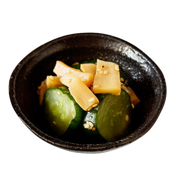 きゅうりのめんま和え 1皿の切り抜き。自家製の手作り学校給食メニュー・和え物・和食の家庭料理や副菜用フードデザイン素材