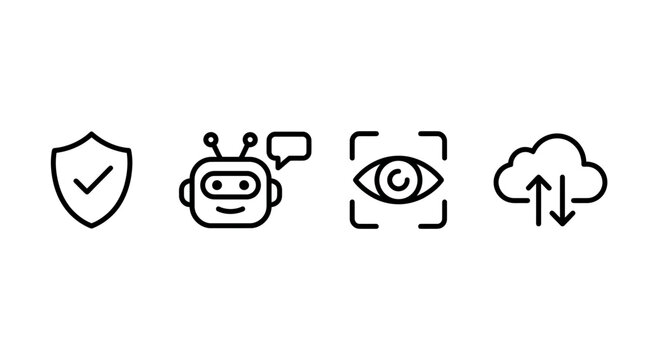 Set of technology line icons featuring security shield, AI robot chatbot, biometric eye scan and cloud data sync, ideal for web interface design, app development and digital marketing