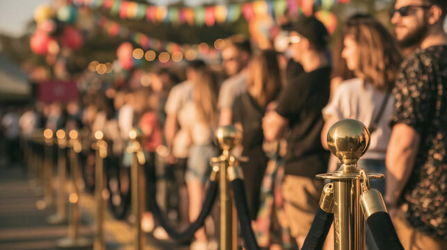 Queue for Festivity: A diverse crowd forms a line at an outdoor event, with vibrant festive decorations in the background, evoking anticipation and excitement for the experience ahead.