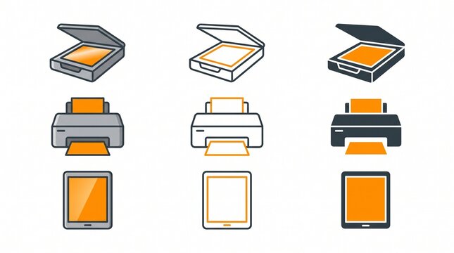 Collection of office hardware icons including scanner, inkjet printer and digital tablet in various graphic styles, ideal for business presentations, workflow diagrams and app design