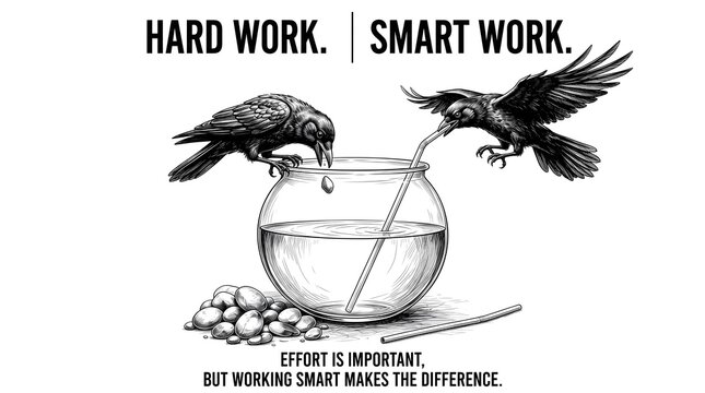 Illustration comparing hard work versus smart work using crows with displays black white drawing contrasting effort efficiency through two birds