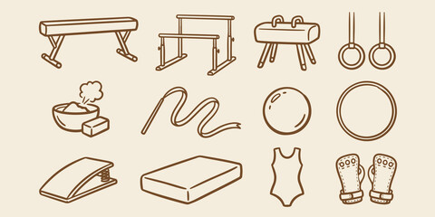 Gymnastics training equipment and competition gear icons with hand drawn gymnastics training equipment exercise apparatus collection competition recreation activity flexibility strength