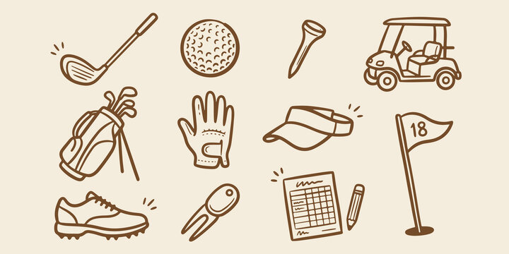 Golf sport equipment and clubhouse gear doodle icon set with hand drawn recreation equipment collection tournament competition scorecard activity training exercise illustration professional