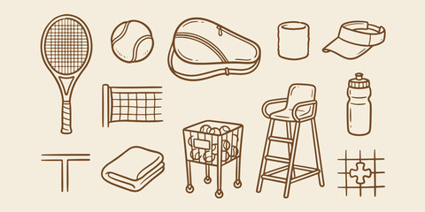 Fototapeta premium Set of tennis equipment doodle icons with equipment illustration collection recreation training exercise accessory gameplay professional competition physical lifestyle handdrawn