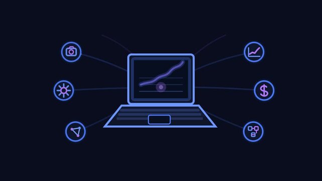 A blue neon laptop displays growth charts while floating business icons pulse in a digital network of financial productivity.