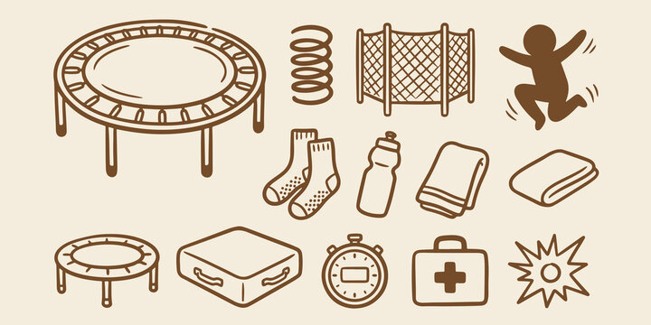Trampoline fitness and health equipment doodle set with trampoline exercise equipment illustration collection stopwatch firstaid rebounder training lifestyle physical activity recreation