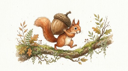 Fototapeta premium Cute watercolor squirrel carrying large acorn on tree branch, autumn forest nature scene.
