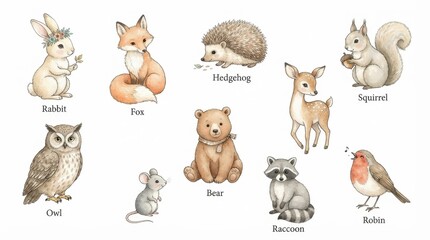 Obraz premium Cute Woodland Animals Collection: Rabbit, Fox, Bear, Owl, Squirrel, Deer, Hedgehog, Mouse, Raccoon, Robin