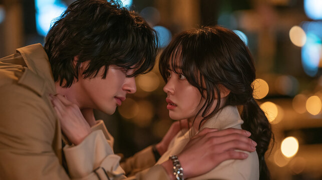 An Intimate Gaze: A tender moment shared between two young individuals, their eyes locked in a deep, emotional connection amidst the soft glow of city lights.