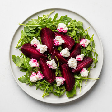 Fresh beet salad with arugula and goat cheese on a white plate.