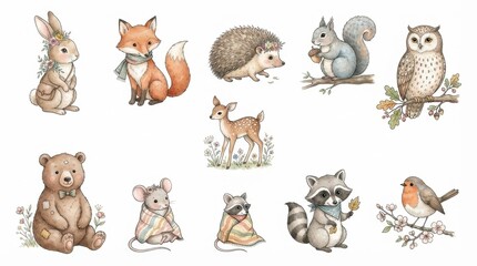 Fototapeta premium Cute Woodland Animals Watercolor Illustration Set: Fox, Rabbit, Bear, Owl, Squirrel, Deer, Robin