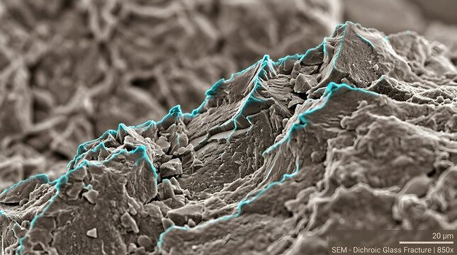 Scanning electron microscope image of a mineral surface with highlighted edge details.