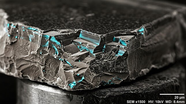 Scanning electron microscope image of a fractured material surface with blue highlights.