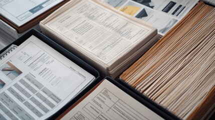 Obraz premium Stack of professional CVs and business documents in a filing box for recruitment and organization