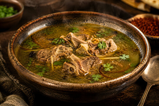 Hot Traditional Mutton Shorba with Tender Meat Aromatic Broth and Fresh Herbs