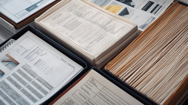 Stack of professional CVs and business documents in a filing box for recruitment and organization