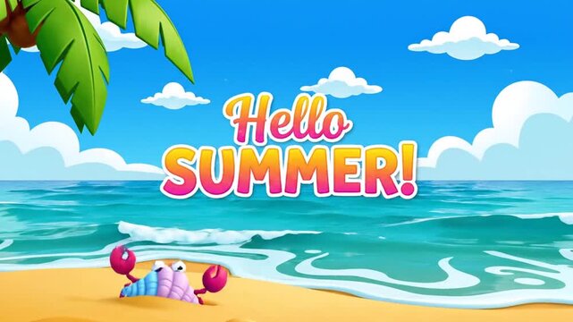 Hello Summer cartoon beach illustration with palm tree and bird