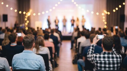 Fototapeta premium Group of attendees sitting in seminar room with blurred view of stage and string lights overhead while guests use mobile phones to capture the event in a professional setting