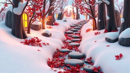 Fototapeta premium Snowy path winds through trees. Warm light emanates from windows, creating cozy winter scene. Red leaves contrast white landscape.