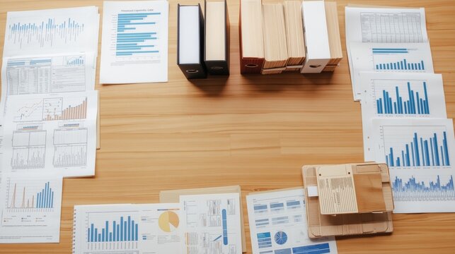 Financial Reports and Business Charts Arranged on Wooden Desk with Central Copy Space for Text