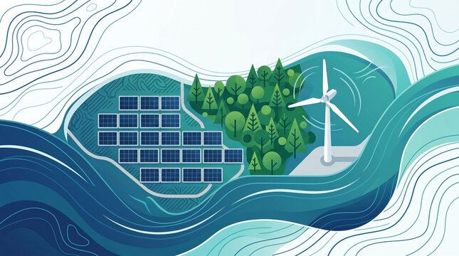 An illustrative depiction of renewable energy sources, including solar panels and a wind turbine, integrated within a natural landscape, suggesting a sustainable future