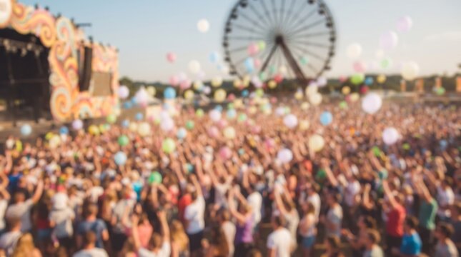 Massive crowd of festival goers with hands raised in air during outdoor summer concert with floating colorful balloons and giant ferris wheel in background under warm sunset lighting