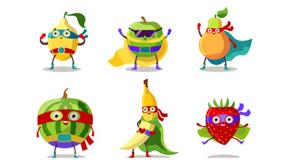 Fototapeta premium Superhero fruit characters set with pear apple peach watermelon banana and strawberry wearing masks and capes vector illustration