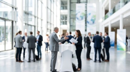 Fototapeta premium Blurred business professionals networking at corporate event held in modern bright atrium office lobby with glass walls and large banners hanging from the ceiling during break