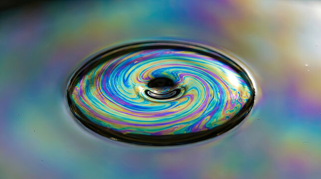 Colorful oil drop creates mesmerizing patterns water surface, showcasing vibrant hues and swirls