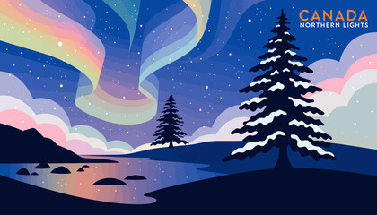 Naklejka premium Vibrant Northern Lights Aurora Borealis over Snowy Canadian Landscape with Trees and River
