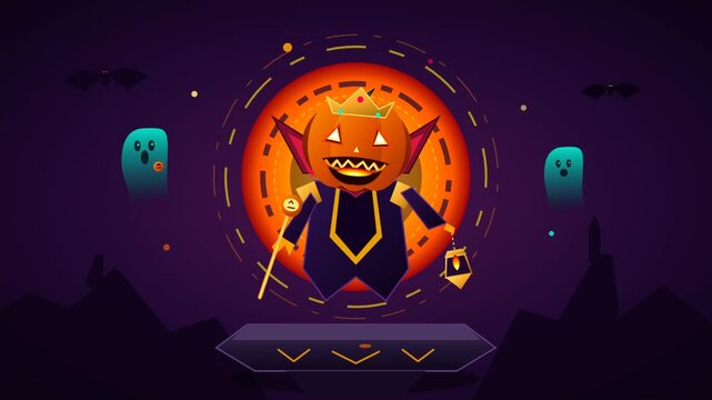 Halloween pumpkin king character illustration with spooky ghosts and bats on dark vector background design