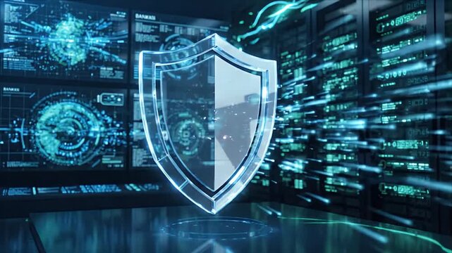 Cybersecurity data protection and network security with digital shield for finance in server room, secure technology concept using firewall and encryption to protect data center infrastructure