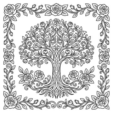 tree of roses illustration with intricate floral patterns and decorative swirls for colori