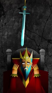 frightened king beneath the sword of damocles hanging by a thread