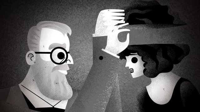 Freudian psychoanalyst opening a female patient head and extracting a thread of thought