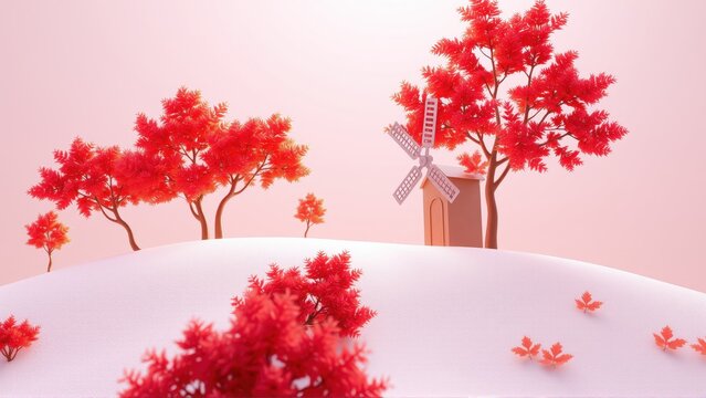 Minimalist landscape. Red trees dot white hill. Windmill stands central, soft pink backdrop creates calm scene.